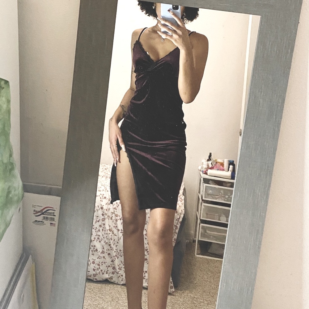 Dark purple velvet slit dress!